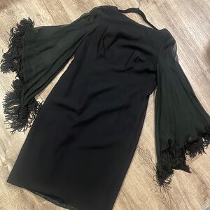 Rare Vintage Lilli Diamond California black dress with sheer fringe sleeves
